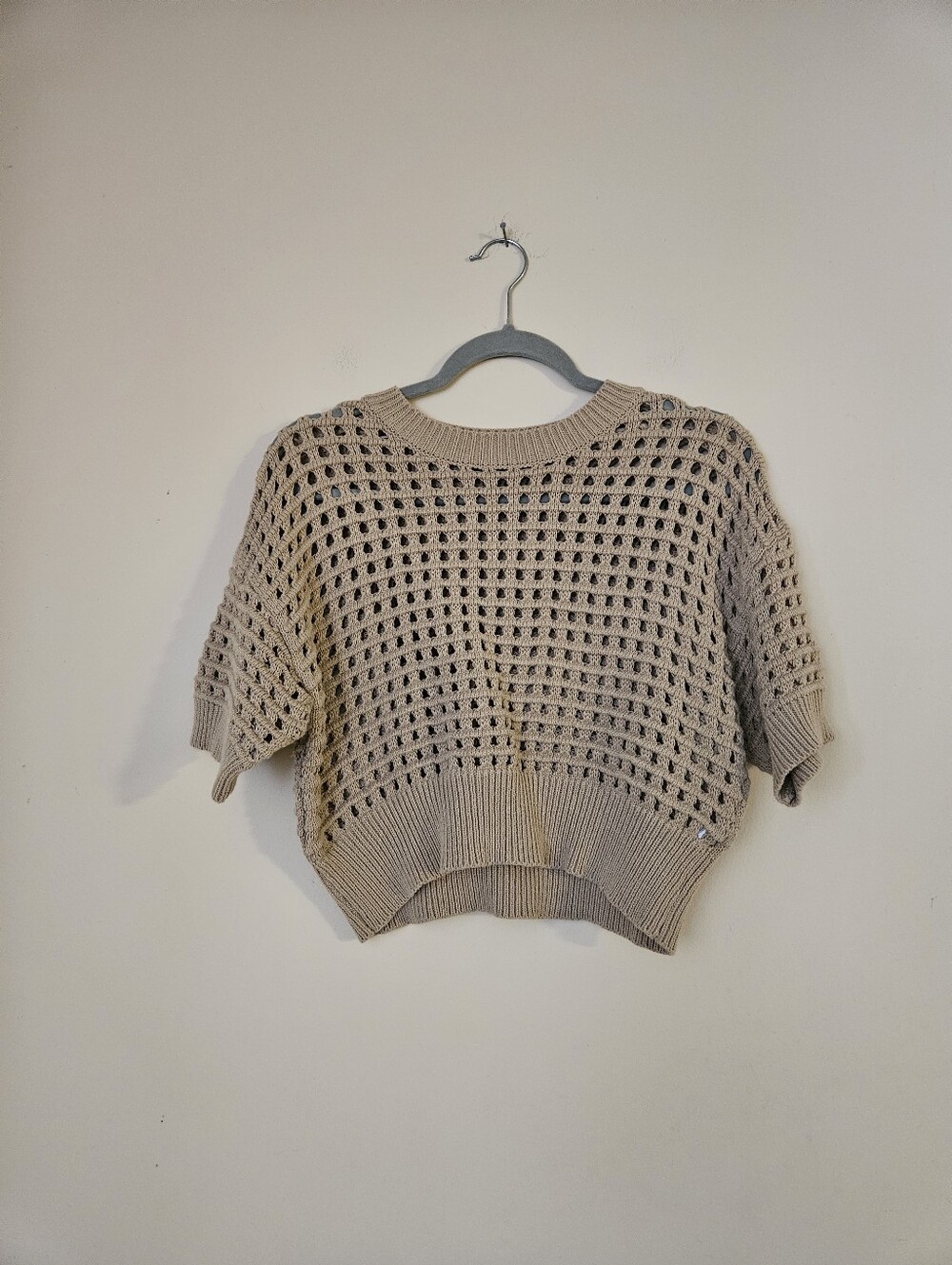 Paper Moon Cropped Chunky Open-Knit Short Sleeve Sweater in Beige, Size Small